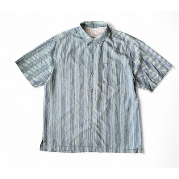 Men’s Tommy Bahama 100% Silk Short Sleeve Polo Shirt Blue Green Stripe Size L - Picture 1 of 4